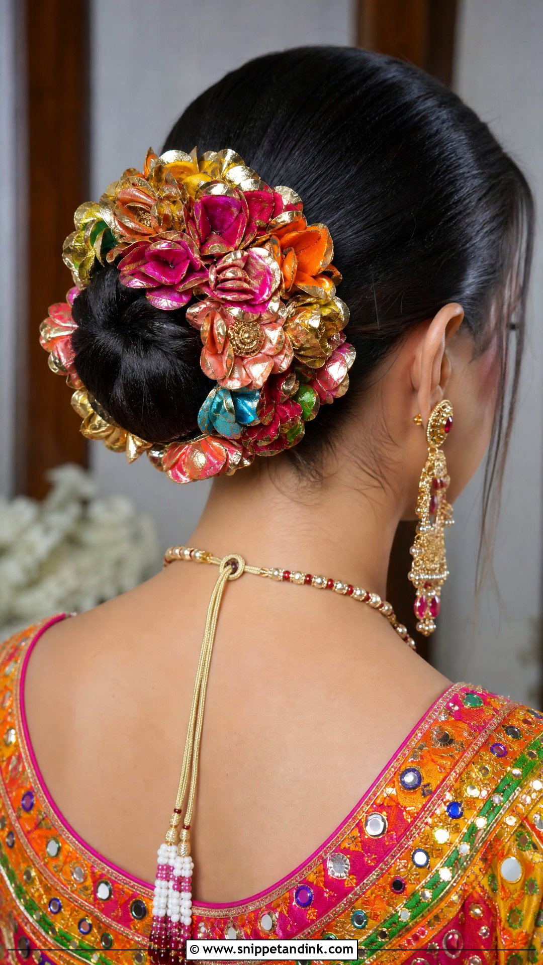 Bun With Gota Flowers - Snippet and Ink - 20 Indian Wedding Bun Bridal Hairstyle Ideas