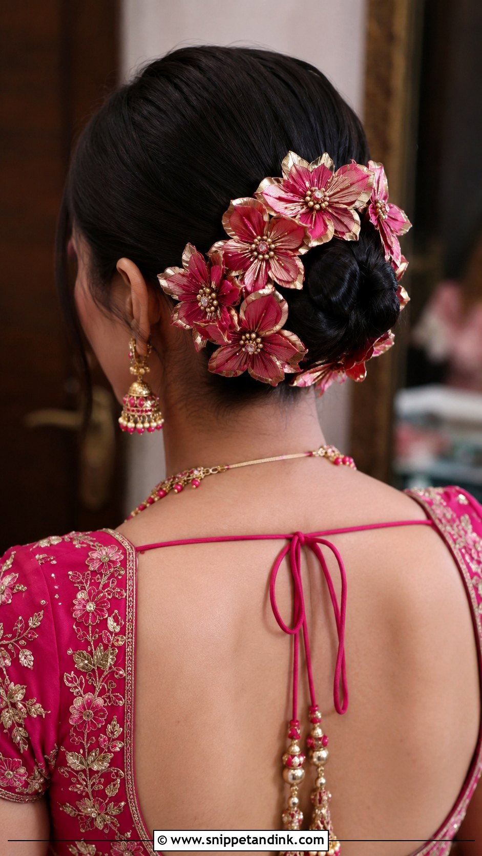 Bun With Gota Patti or Embellished Flowers - Snippet and Ink - 25 Indian Wedding Bun Hairstyles
