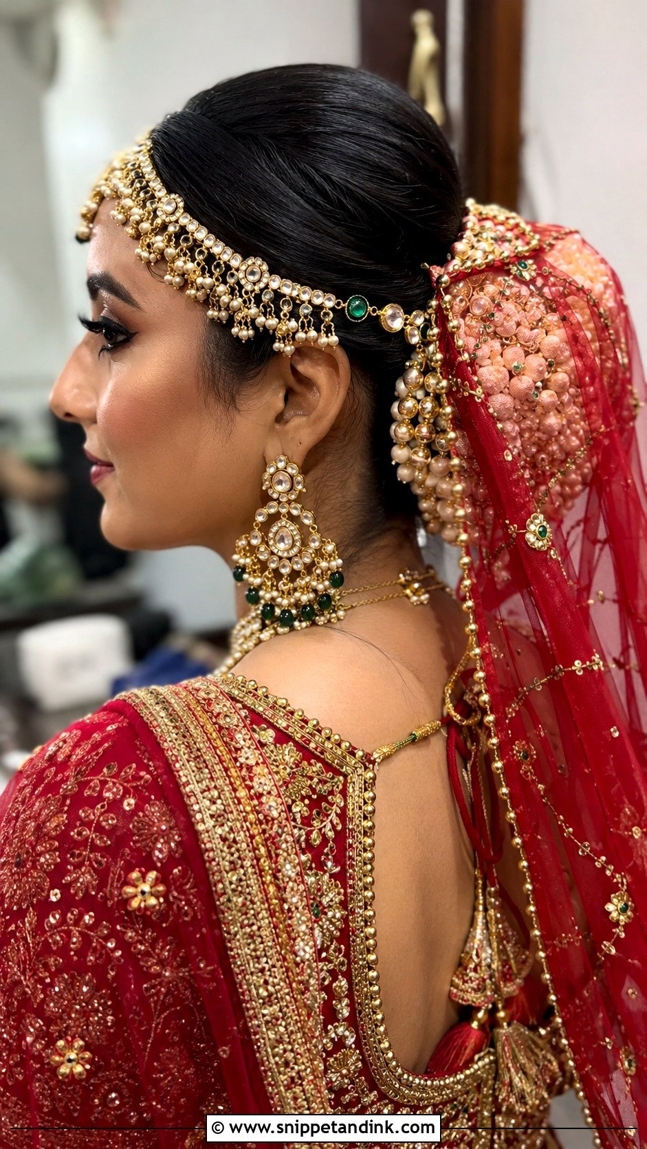 Bun With Hair Accessories Bridal Hairstyle With Dupatta - Snippet and Ink - 20 Indian Bridal Hairstyles with Dupatta