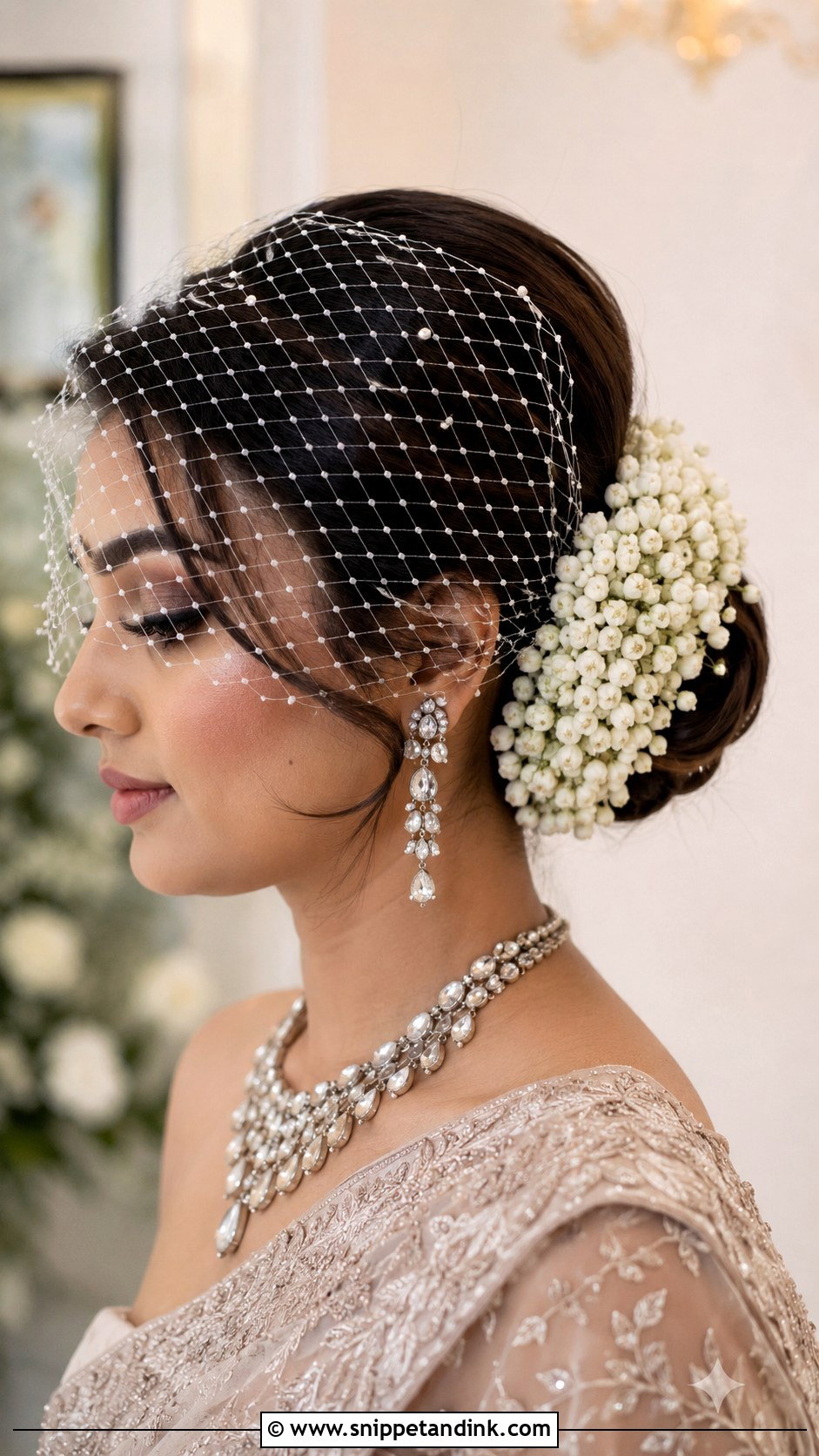 Bun With Jasmine And Bird Cage Veil - Snippet and Ink - 25 Marathi Bride Hairstyle Ideas