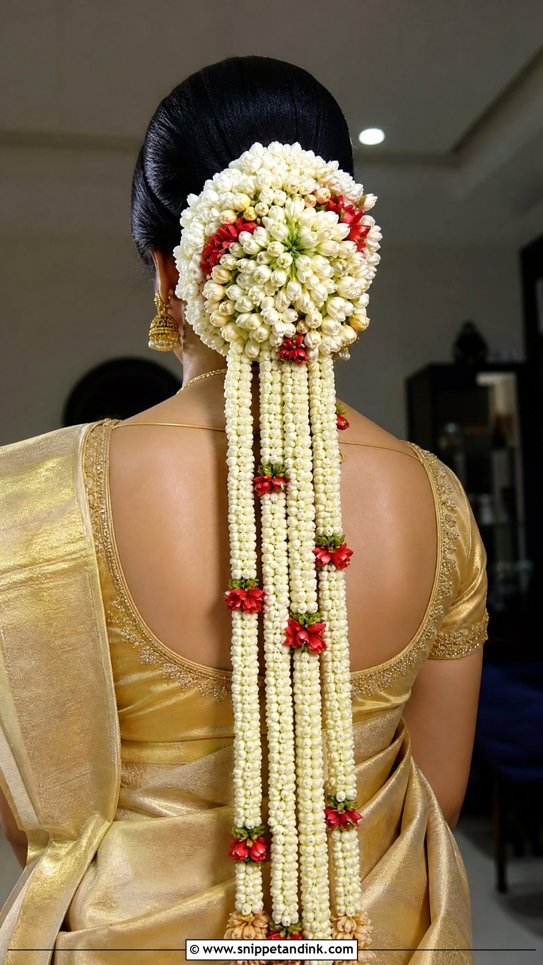 Bun With Long Flower Strings - Snippet and Ink - 20 Indian Wedding Bun Bridal Hairstyle Ideas