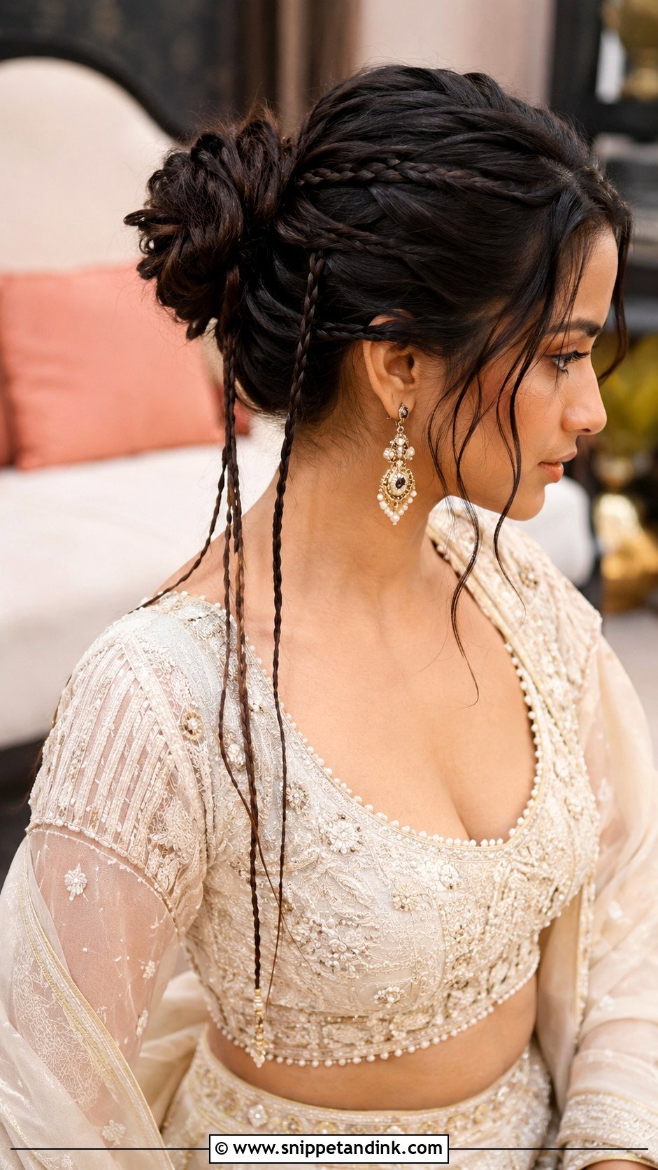 Bun With Long Trailing Braid Accents - Snippet and Ink - 25 Indian Wedding Bun Hairstyles