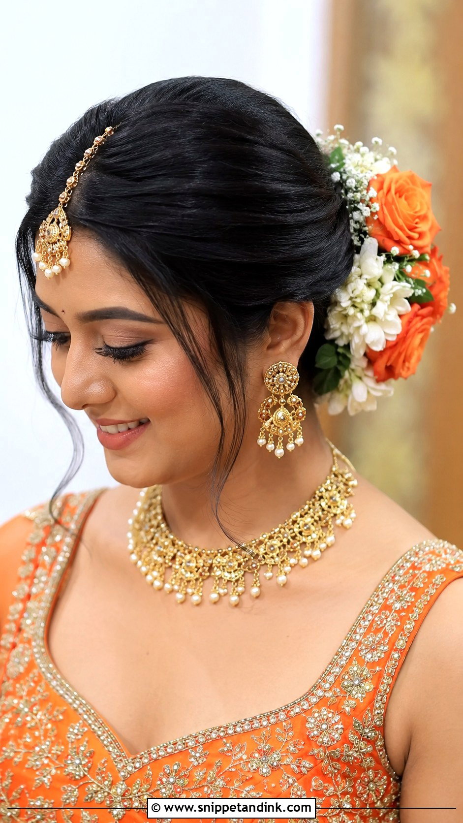 Bun With Maang Tikka And Flowers - Snippet and Ink - 20 Indian Bridal Bun Ideas