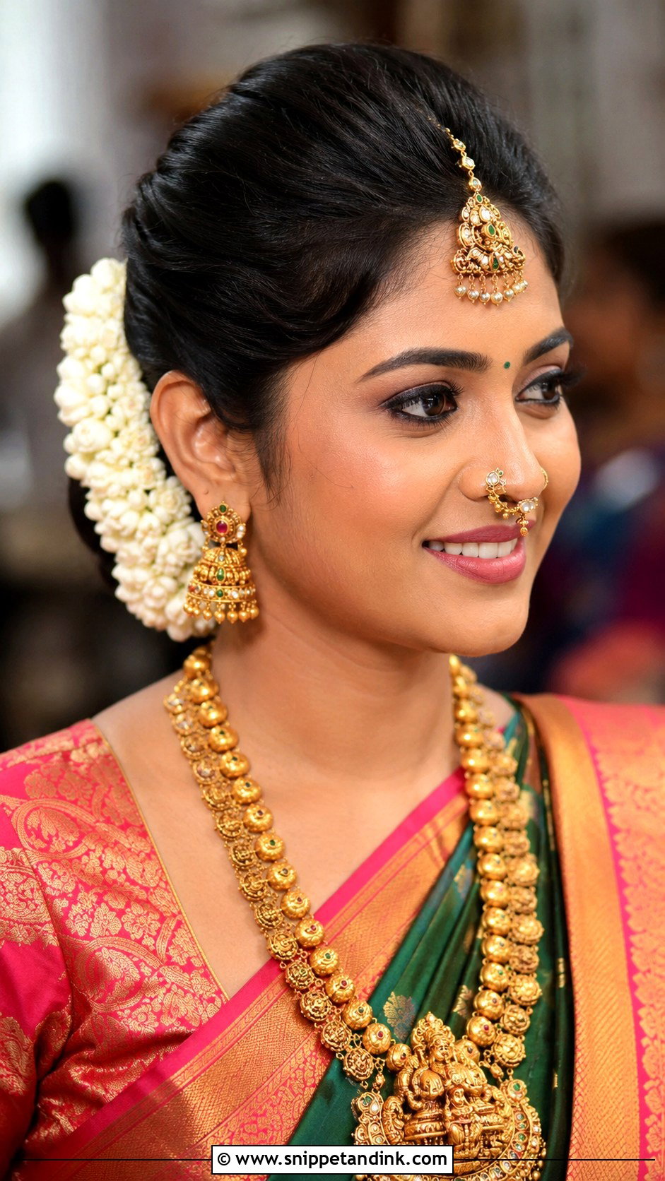 Bun With Maang Tikka And Nath - Snippet and Ink - 35 South Indian Wedding Hairstyles