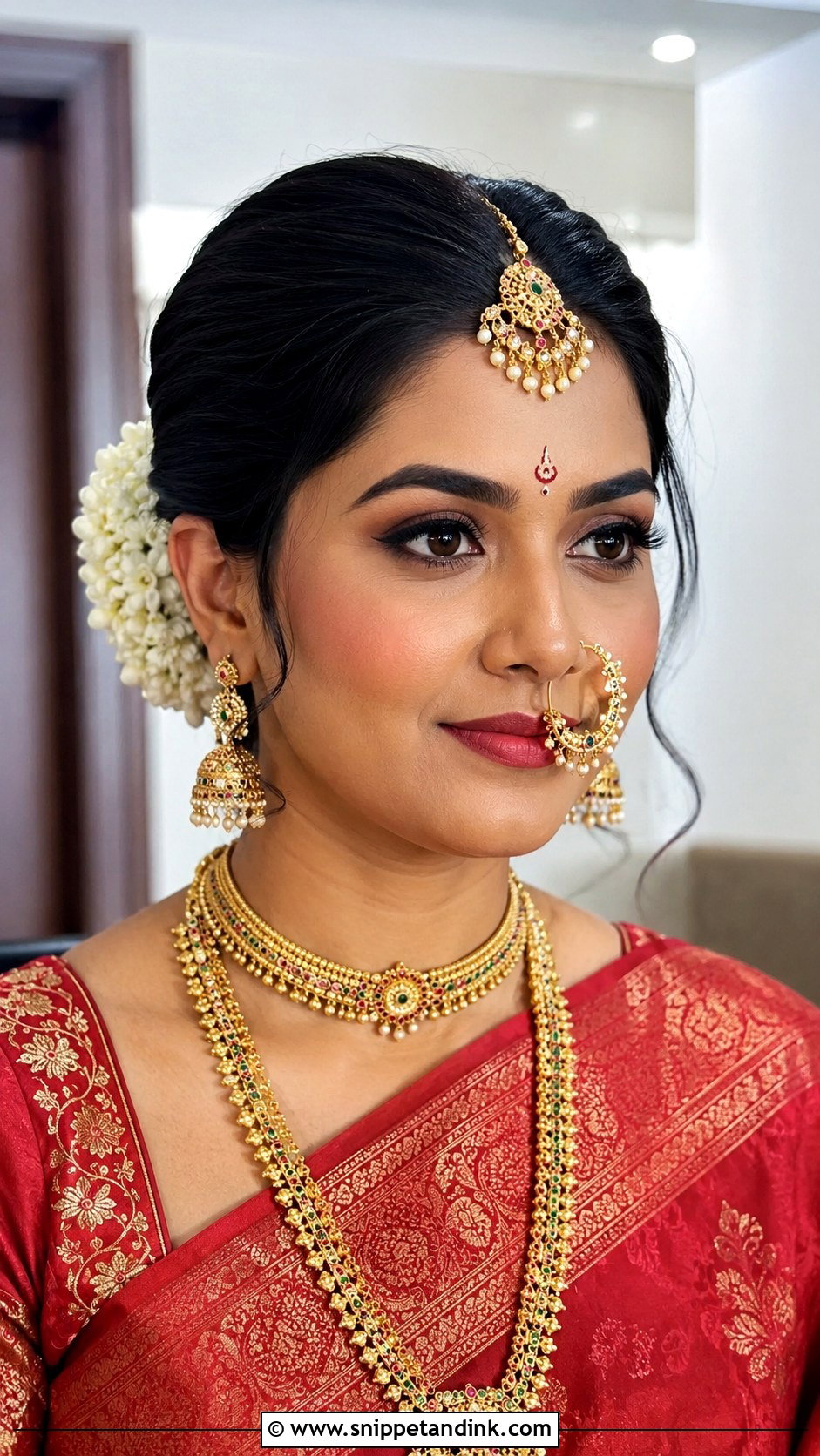 Bun With Maang Tikka And Nath - Snippet and Ink - 25 Marathi Bride Hairstyle Ideas