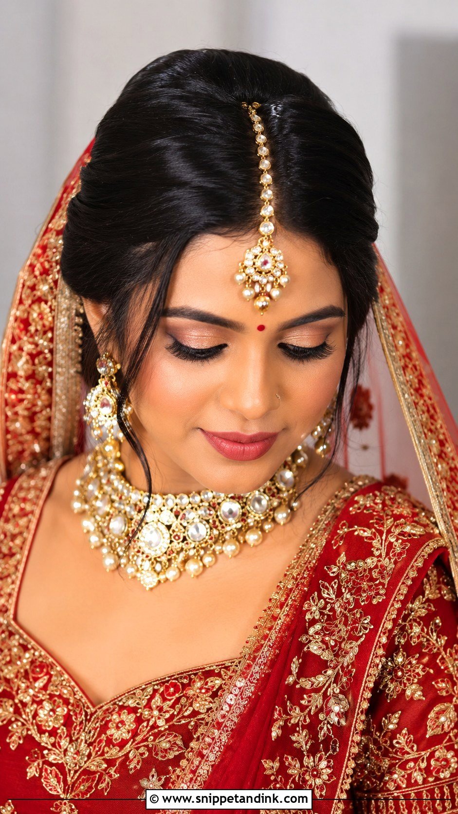 Bun With Maang Tikka Bridal Hairstyle With Dupatta - Snippet and Ink - 20 Indian Bridal Hairstyles with Dupatta