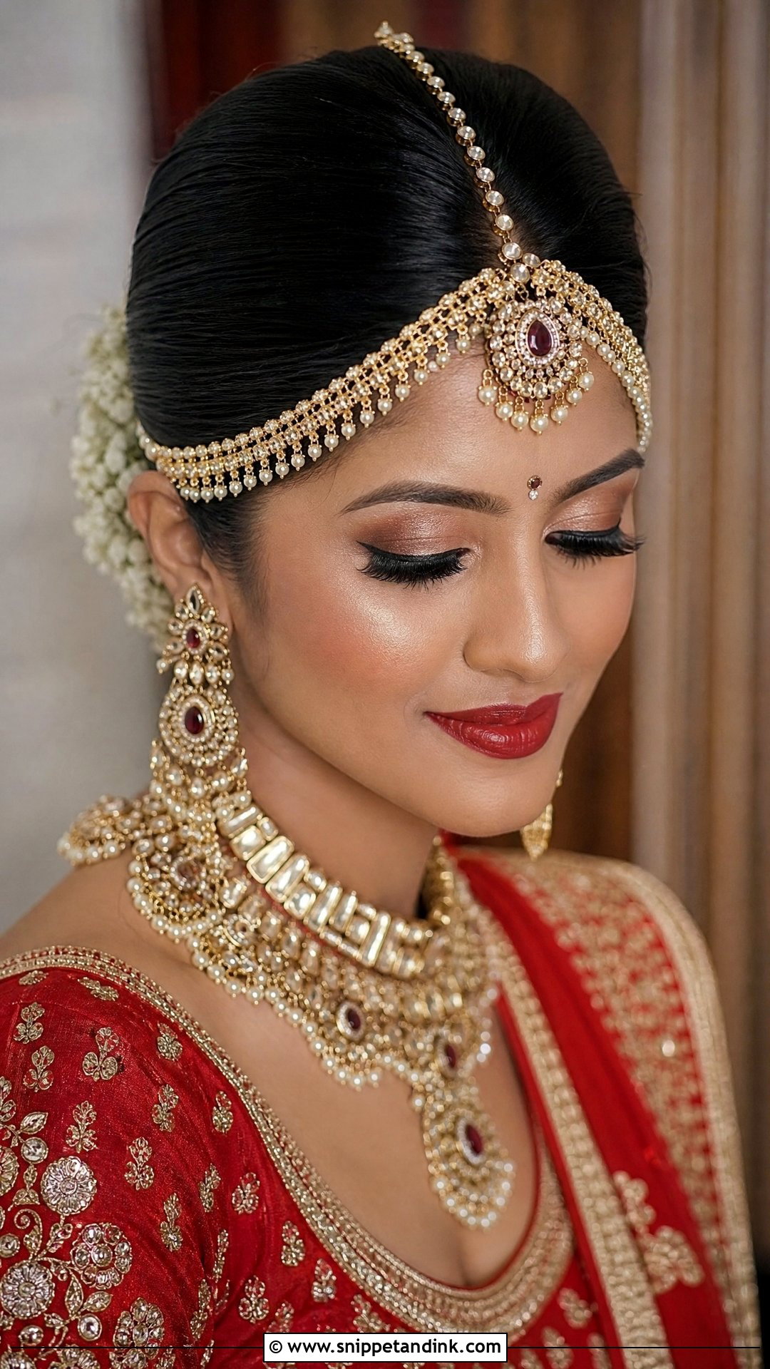 Bun With Maang Tikka Focus - Snippet and Ink - 20 Indian Wedding Bun Hairstyle Ideas