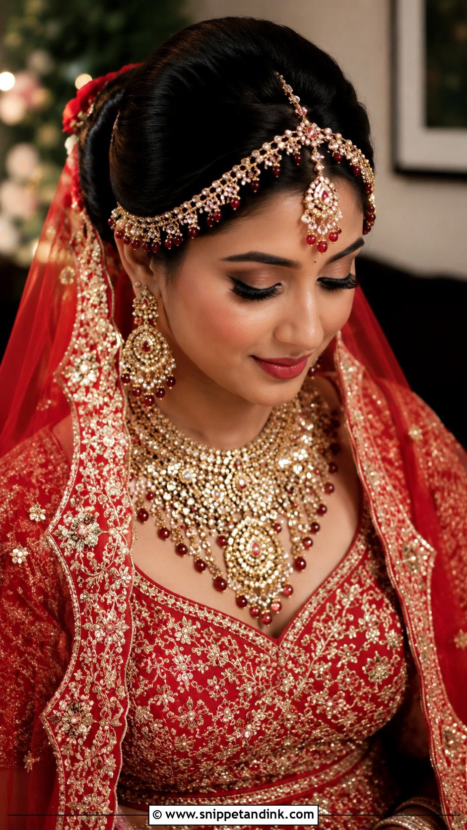 Bun With Maang Tikka and Matha Patti - Snippet and Ink - 30 Indian Bridal Bun Hairstyles