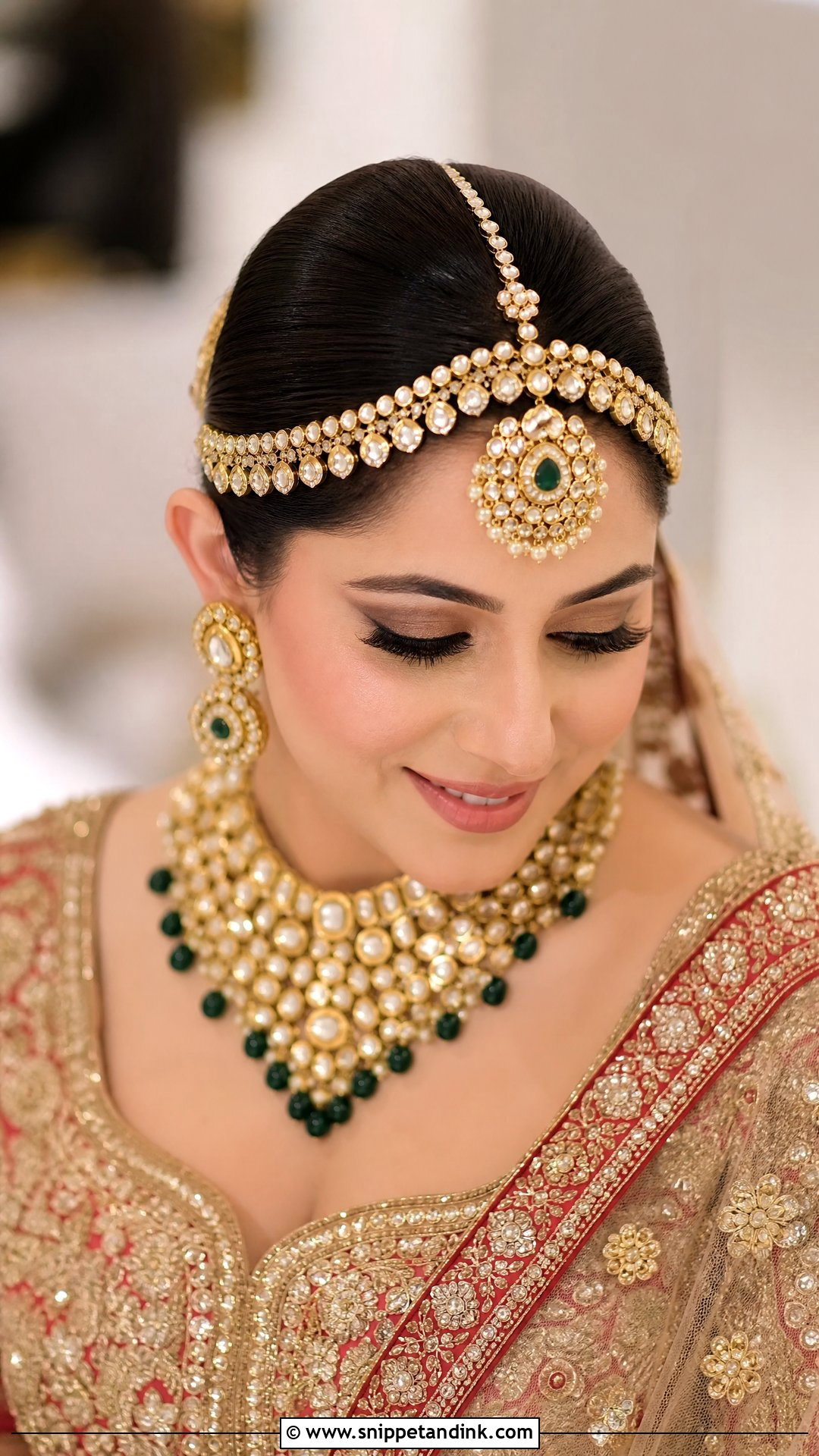 Bun With Maang Tikka and Matha Patti - Snippet and Ink - 20 Indian Wedding Bun Bridal Hairstyle Ideas
