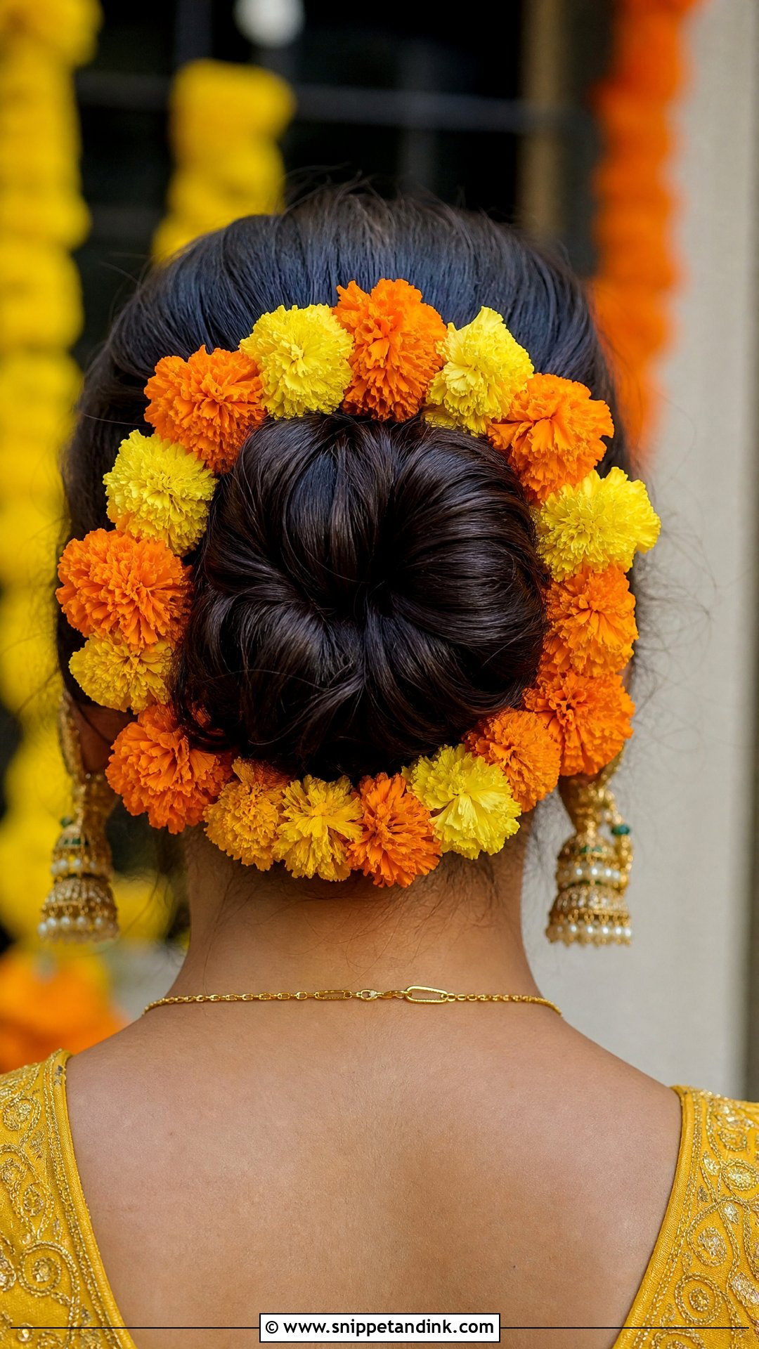 Bun With Marigold Decoration - Snippet and Ink - 20 Indian Wedding Bun Hairstyle Ideas