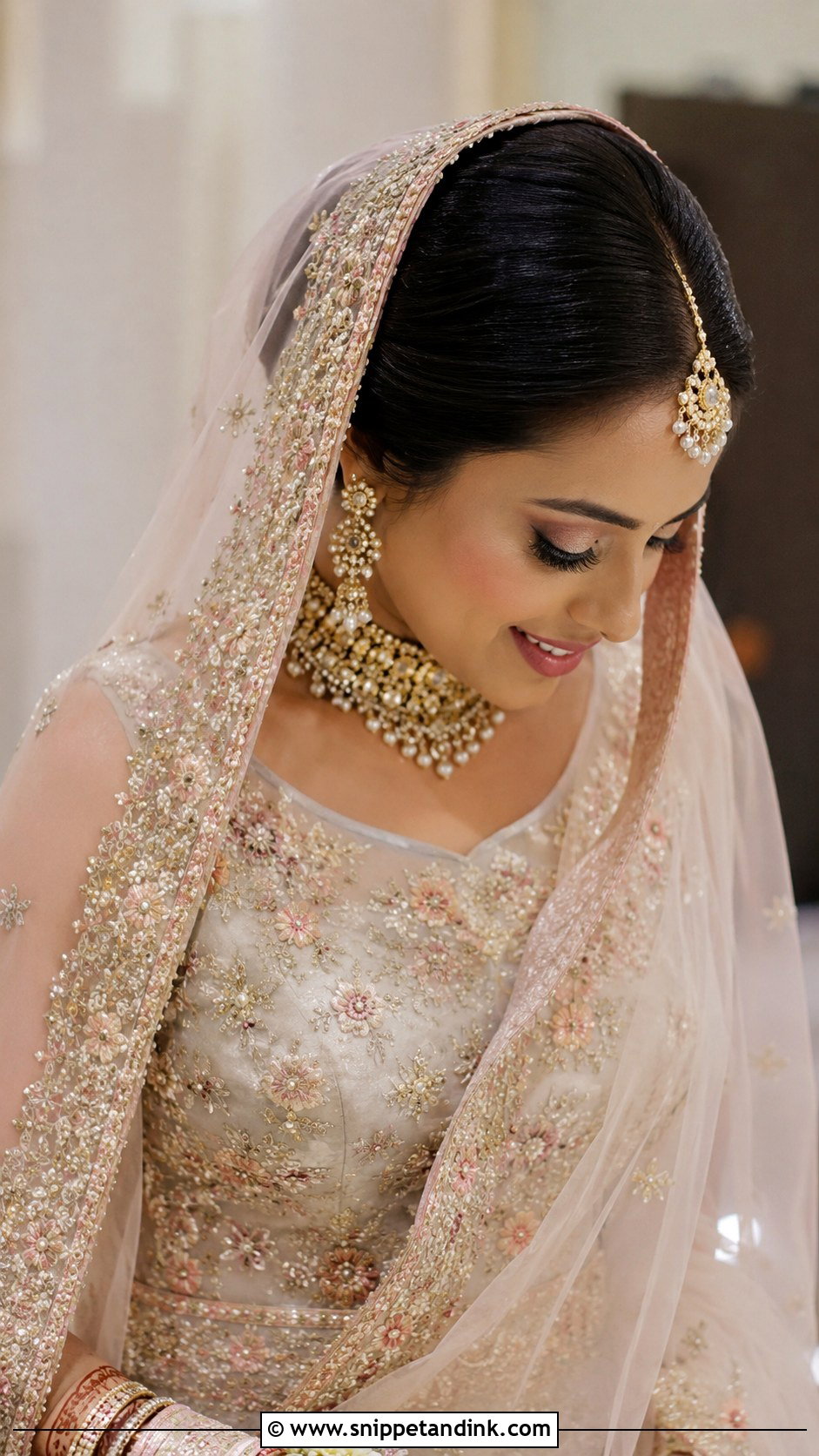 Bun With Net Dupatta Drape - Snippet and Ink - 25 Indian Front Look Bridal Bun Hairstyles