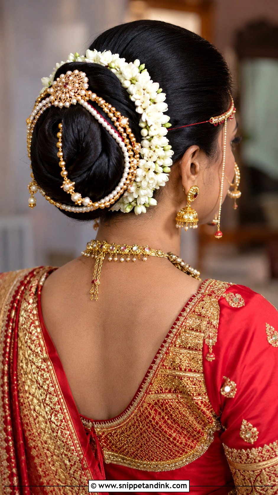 Bun With Pearl And Gold Maximalist Look - Snippet and Ink - 25 Marathi Bride Hairstyle Ideas