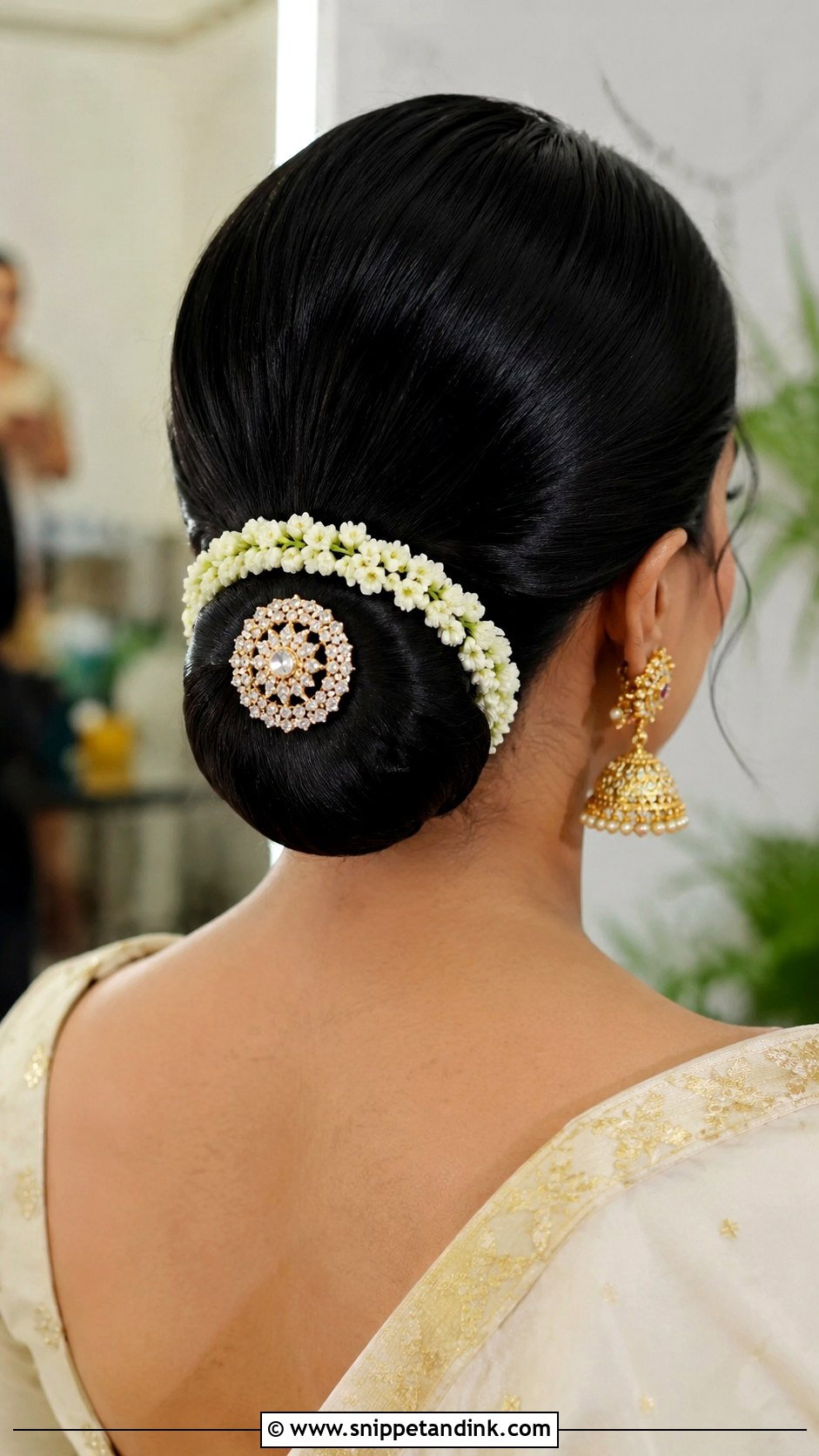 Bun With Pearl Embellishments - Snippet and Ink - 25 South Indian Bride Engagement Hairstyle Ideas