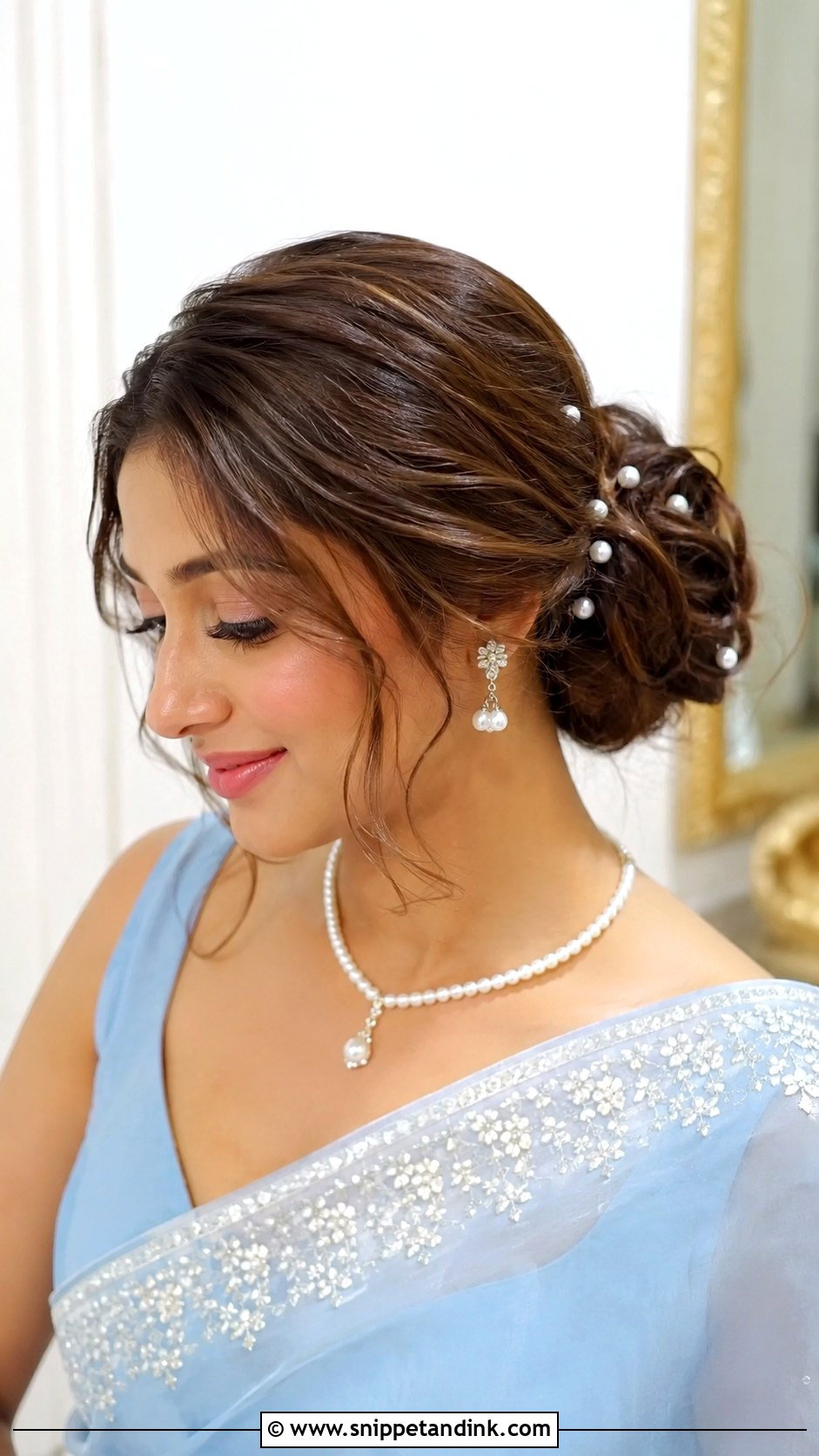 Bun With Pearl Pins For Medium Hair - Snippet and Ink - 20 Indian Wedding Hair Buns for Medium Hair