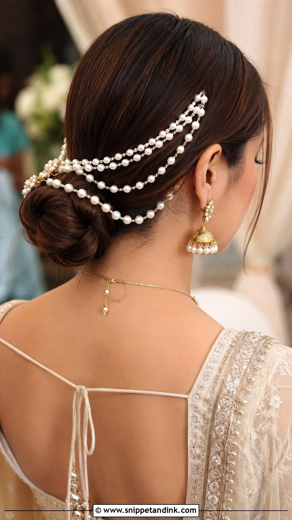 Bun With Pearl Strings - Snippet and Ink - 30 Indian Bridal Bun Hairstyles