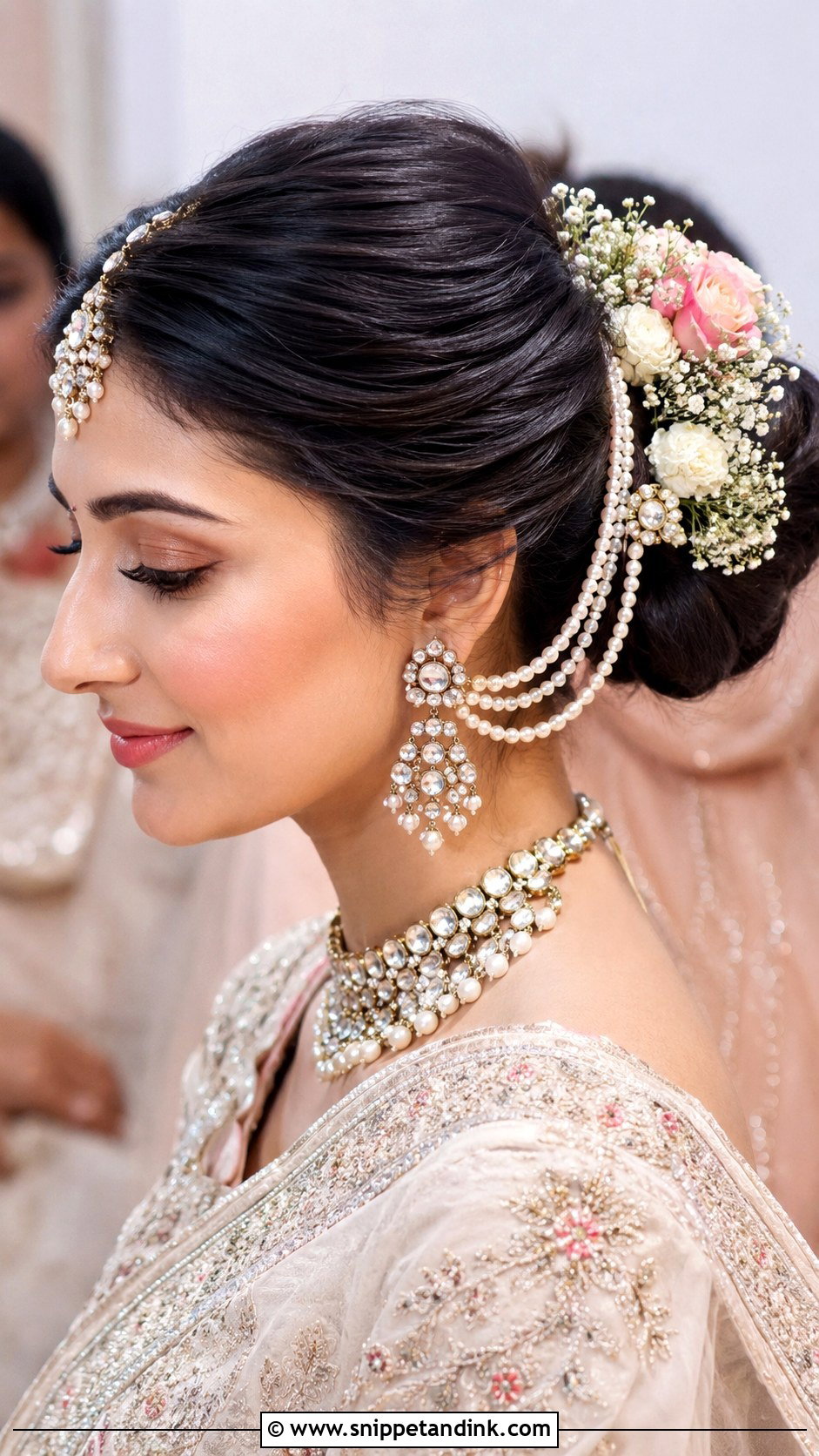 Bun With Pearl Strings and Florals - Snippet and Ink - 25 Traditional Indian Weddings Bridal Hairstyles