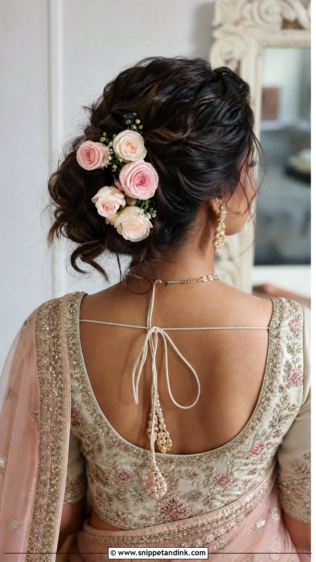 Bun With Rose Accents - Snippet and Ink - 20 Indian Wedding Bun Hairstyle Ideas