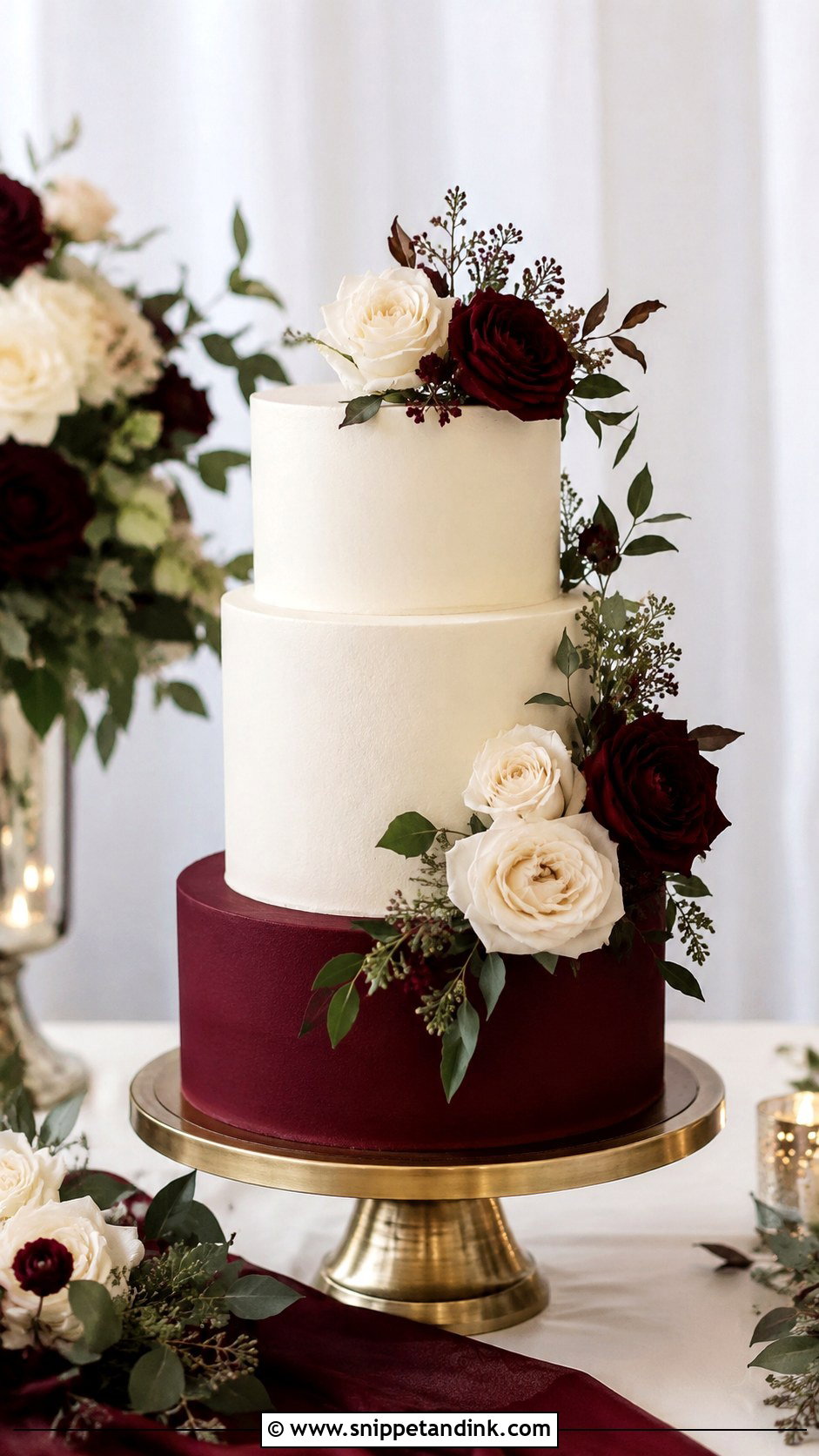 Burgundy And Ivory Two Tone Wedding Cake - Snippet and Ink - 20 Two Tone Wedding Cake Ideas