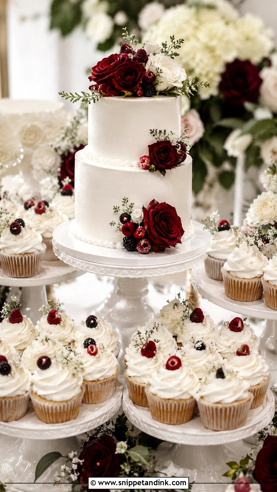 Burgundy And White Wedding Cake With Cupcakes - Snippet and Ink - 20 Burgundy and White Wedding Cake Ideas
