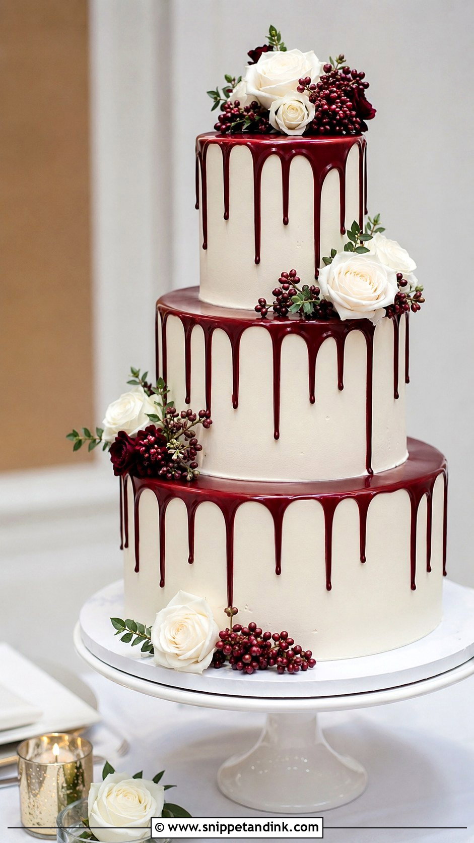 Burgundy And White Wedding Cake With Drip - Snippet and Ink - 20 Burgundy and White Wedding Cake Ideas
