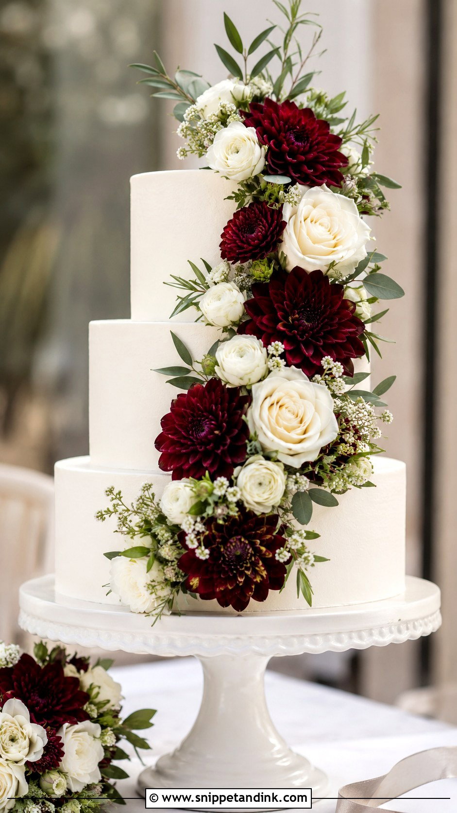 Burgundy And White Wedding Cake With Fresh Flowers - Snippet and Ink - 20 Burgundy and White Wedding Cake Ideas