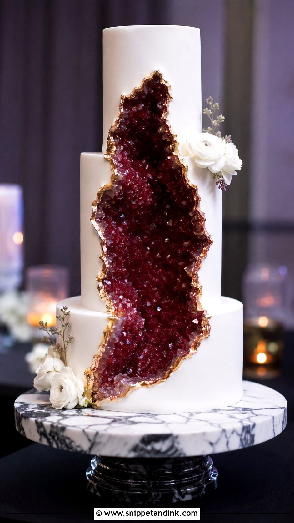 Burgundy And White Wedding Cake With Geode - Snippet and Ink - 20 Burgundy and White Wedding Cake Ideas