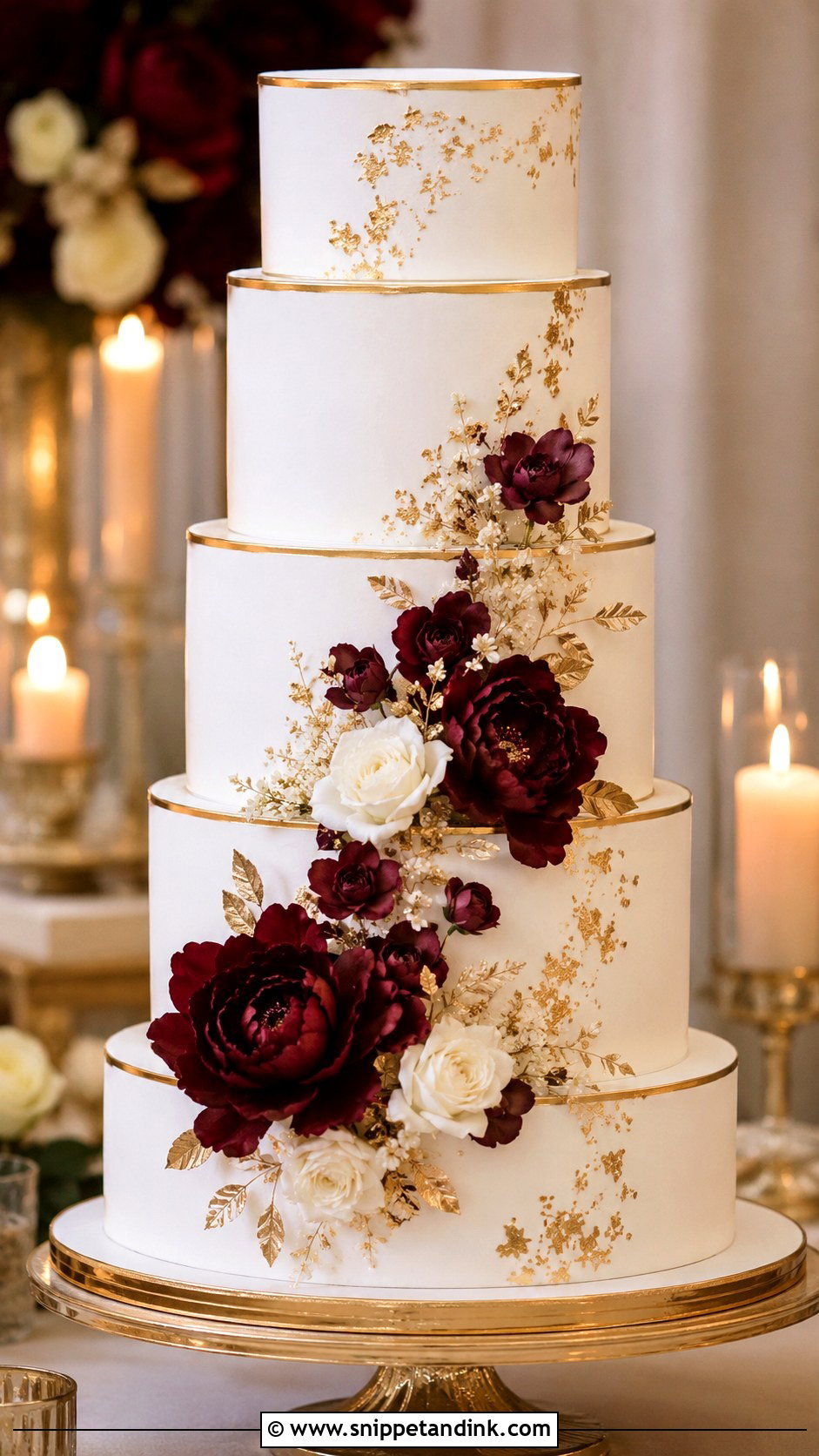 Burgundy And White Wedding Cake With Gold - Snippet and Ink - 20 Burgundy and White Wedding Cake Ideas
