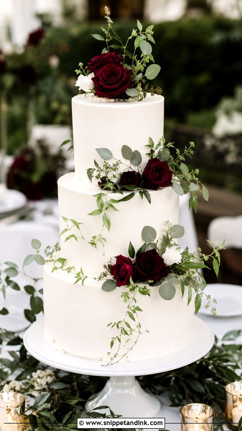 Burgundy And White Wedding Cake With Greenery - Snippet and Ink - 20 Burgundy and White Wedding Cake Ideas