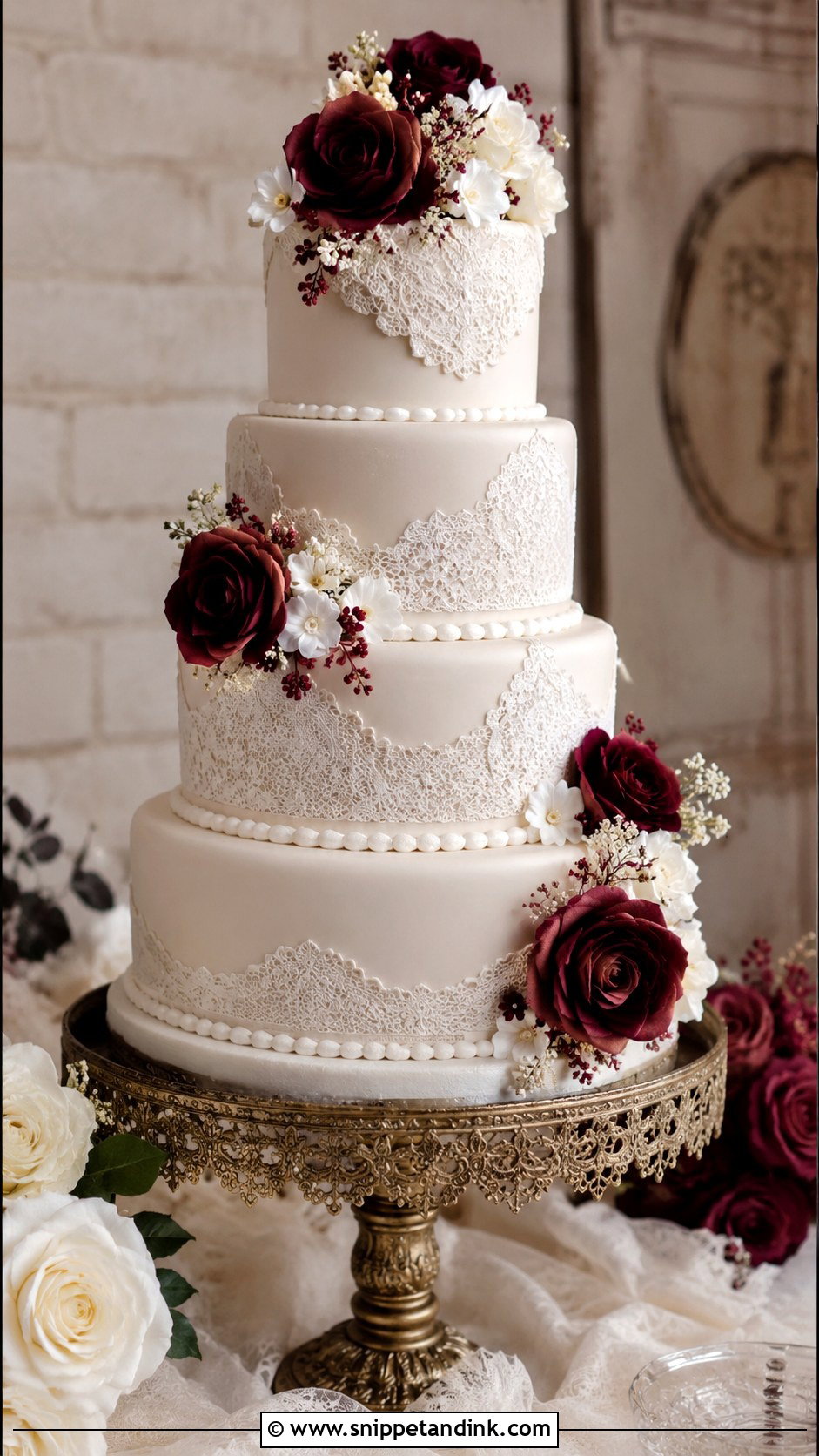 Burgundy And White Wedding Cake With Lace - Snippet and Ink - 20 Burgundy and White Wedding Cake Ideas