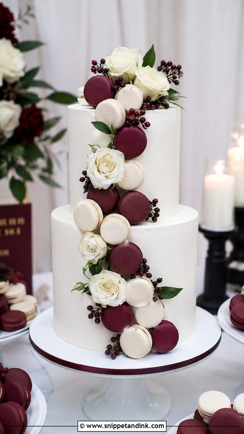 Burgundy And White Wedding Cake With Macarons - Snippet and Ink - 20 Burgundy and White Wedding Cake Ideas
