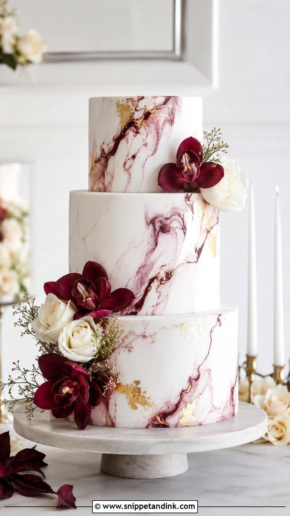 Burgundy And White Wedding Cake With Marble - Snippet and Ink - 20 Burgundy and White Wedding Cake Ideas