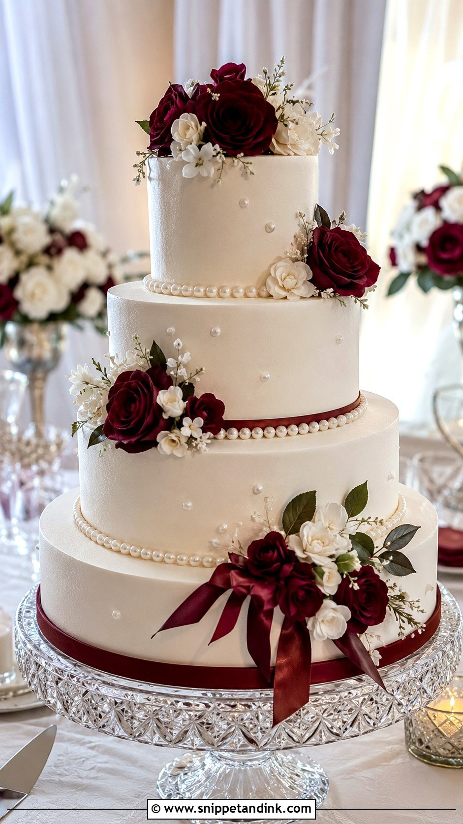 Burgundy And White Wedding Cake With Pearls - Snippet and Ink - 20 Burgundy and White Wedding Cake Ideas
