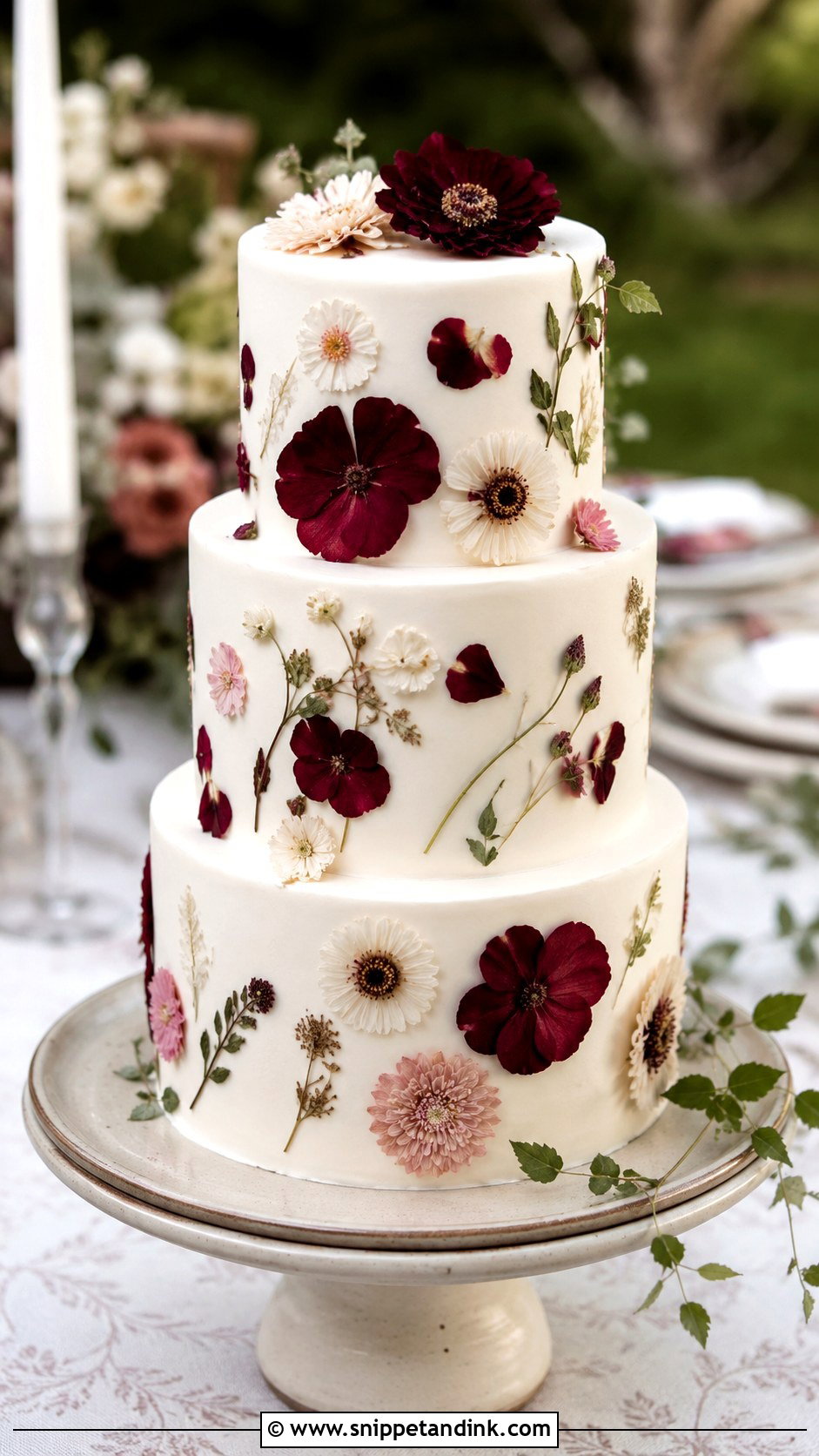 Burgundy And White Wedding Cake With Pressed Flowers - Snippet and Ink - 20 Burgundy and White Wedding Cake Ideas