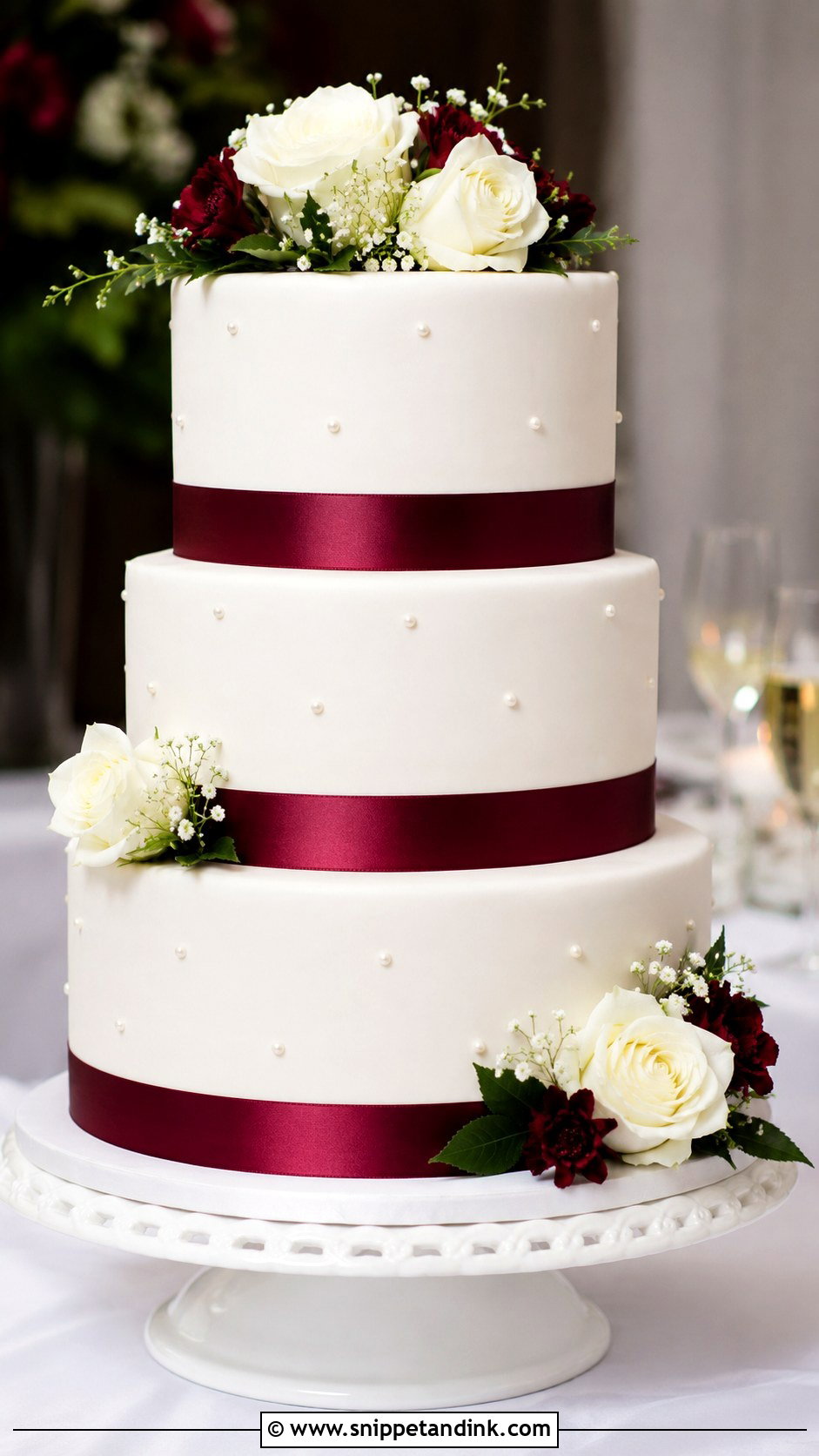 Burgundy And White Wedding Cake With Ribbon - Snippet and Ink - 20 Burgundy and White Wedding Cake Ideas