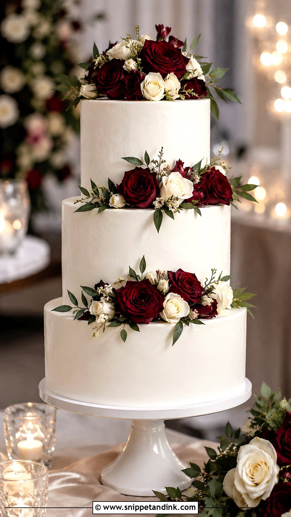 Burgundy And White Wedding Cake With Roses - Snippet and Ink - 20 Burgundy and White Wedding Cake Ideas