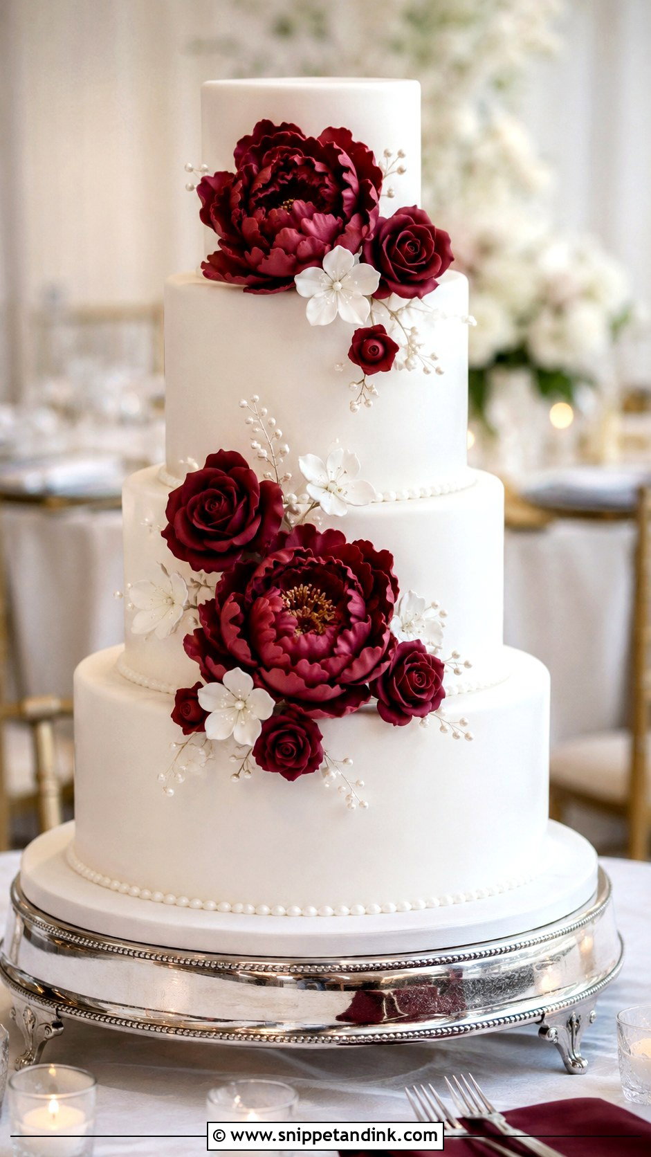Burgundy And White Wedding Cake With Sugar Flowers - Snippet and Ink - 20 Burgundy and White Wedding Cake Ideas