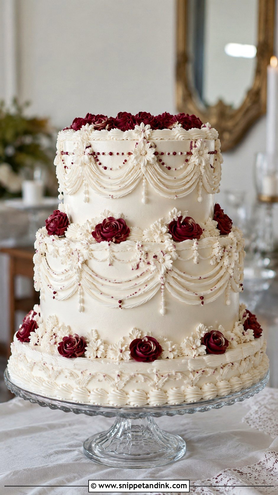 Burgundy And White Wedding Cake With Vintage Piping - Snippet and Ink - 20 Burgundy and White Wedding Cake Ideas