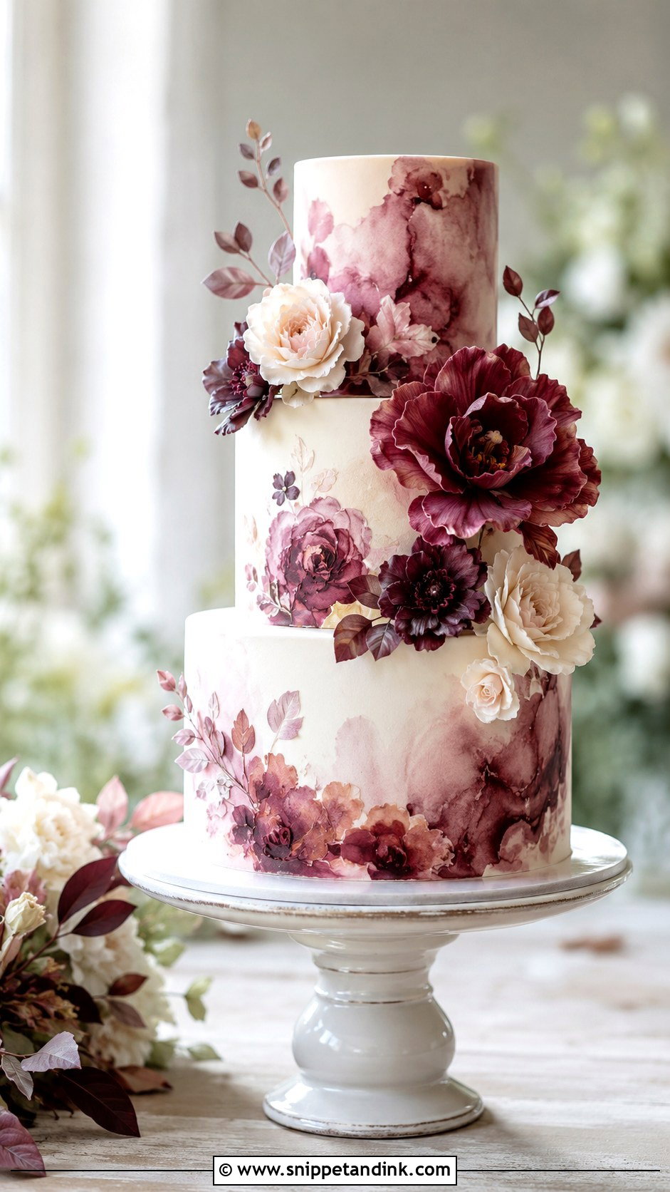 Burgundy And White Wedding Cake With Watercolor - Snippet and Ink - 20 Burgundy and White Wedding Cake Ideas