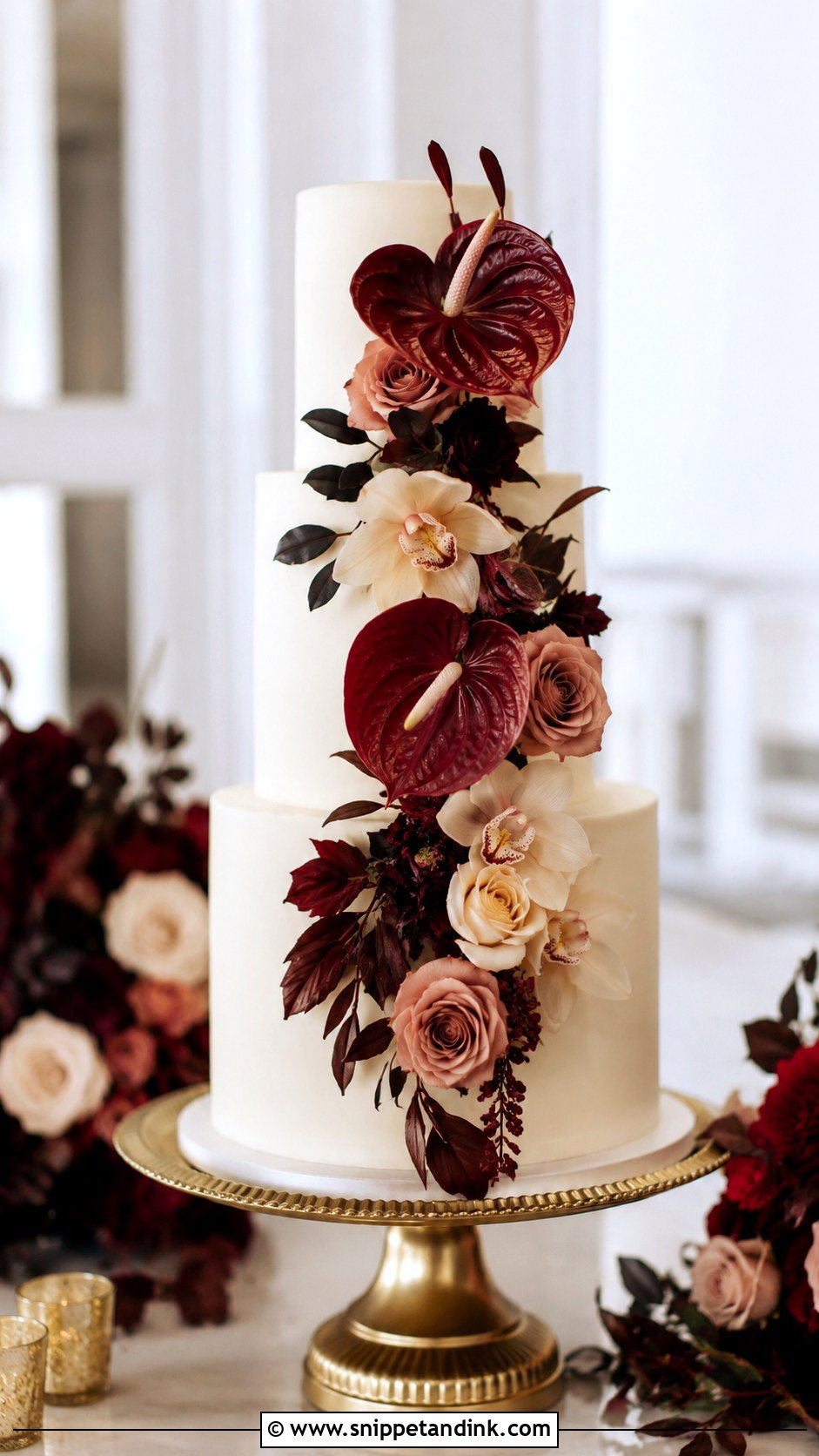 Burgundy Anthurium Wedding Cake - Snippet and Ink - 20 Anthurium Wedding Cake Ideas