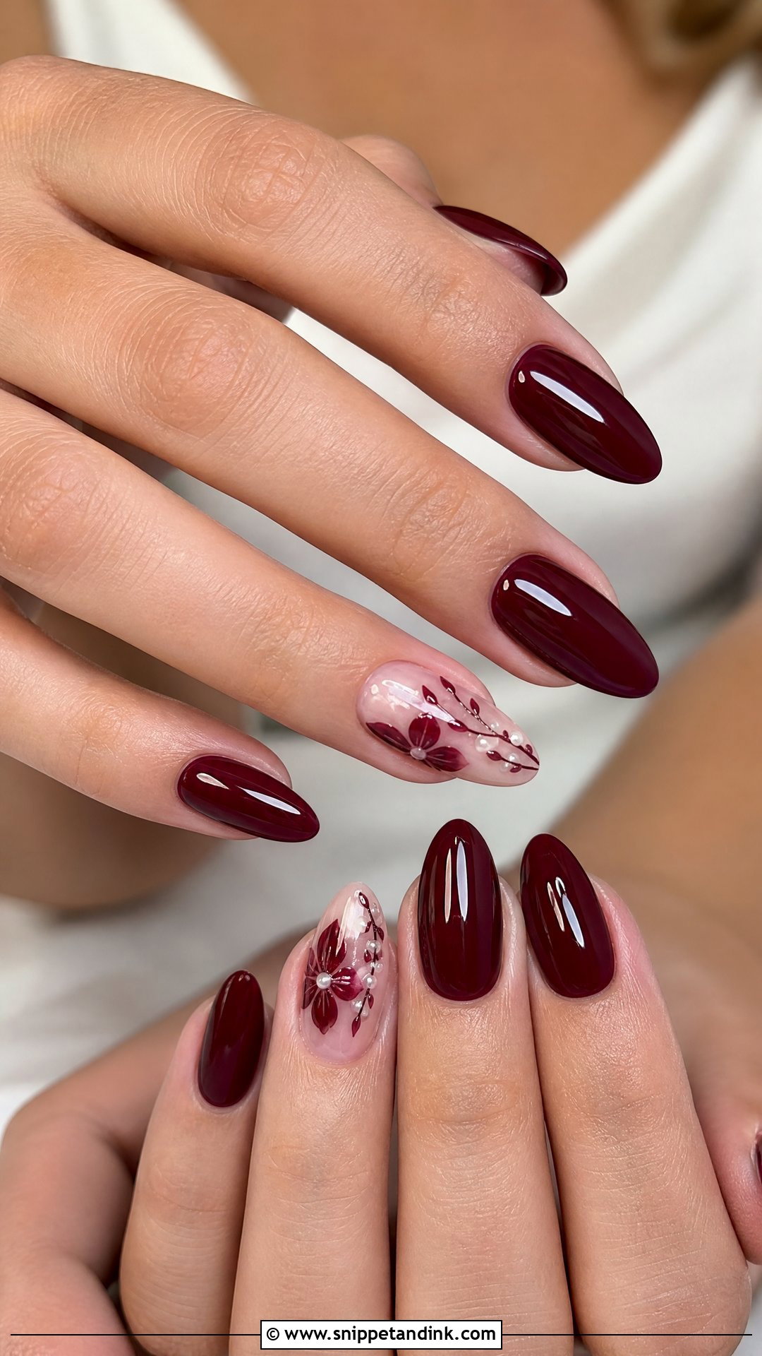 Burgundy Bridal Nails With Accent Ring Finger - Snippet and Ink - 25 Burgundy Wedding Nails