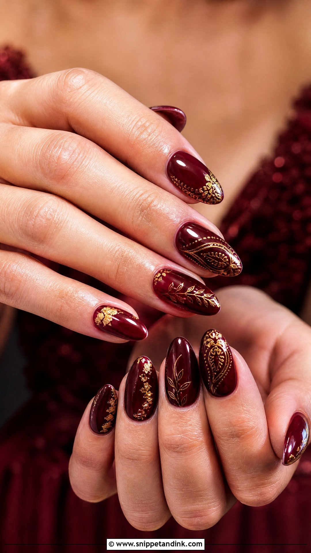 Burgundy Bridal Nails With Gold Details - Snippet and Ink - 25 Indian Wedding Nail Art Designs