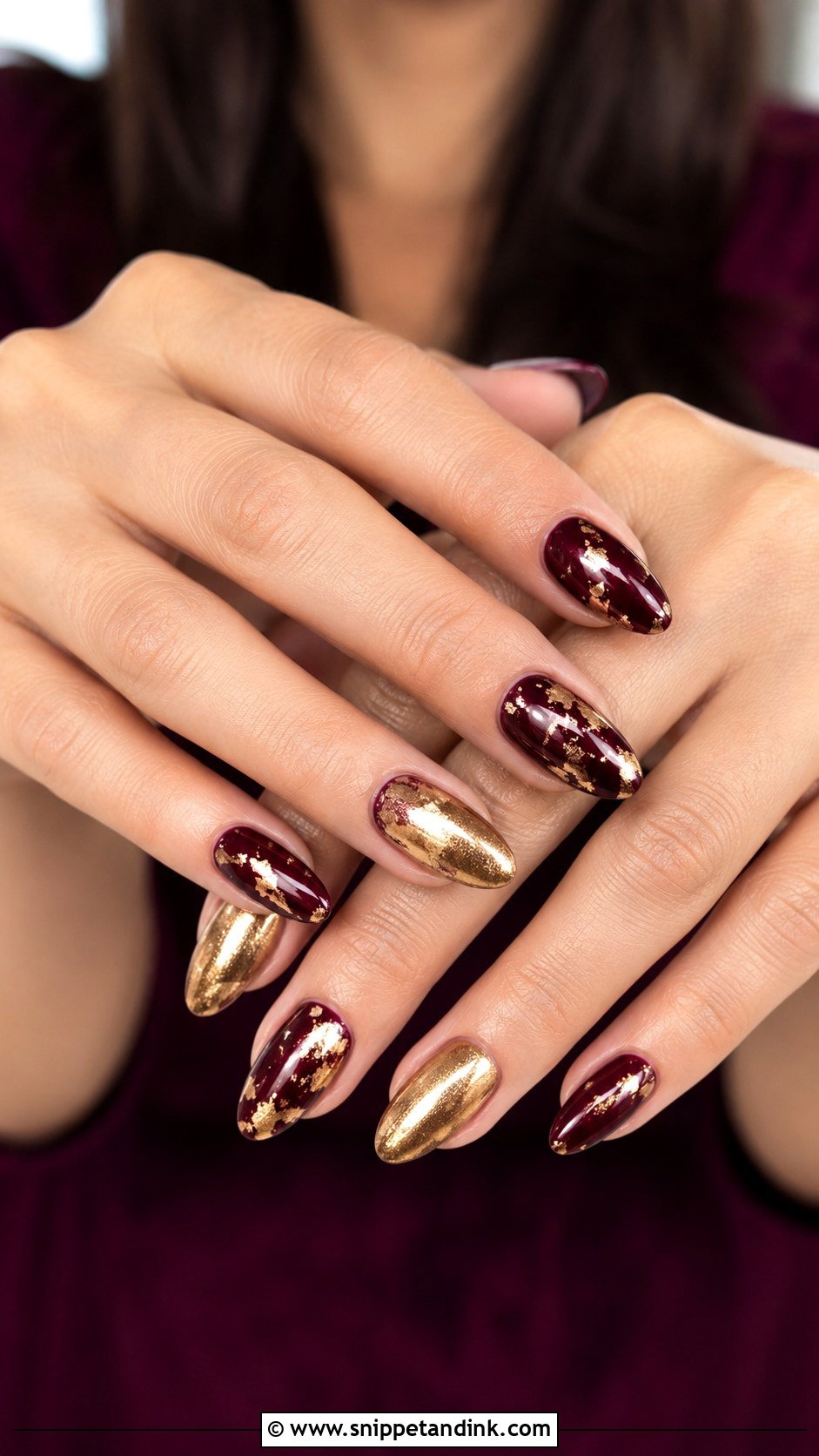 Burgundy Bridal Nails With Gold Foil - Snippet and Ink - 30 Bridal Nails Wedding Indian