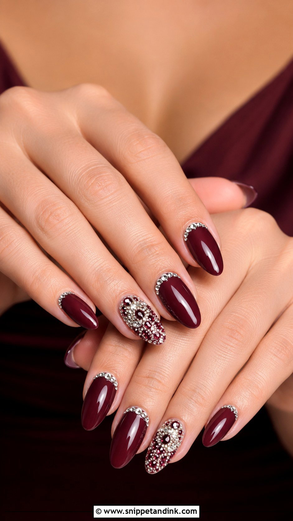 Burgundy Bridesmaid Nails With Rhinestones - Snippet and Ink - 20 Indian Wedding Nails Bridesmaid