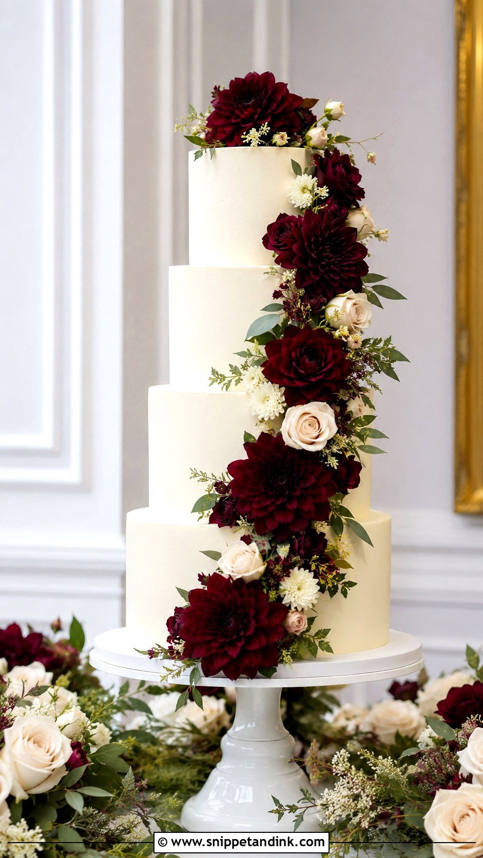 Burgundy Cascading Flower Wedding Cake - Snippet and Ink - 20 Burgundy Wedding Cake Ideas