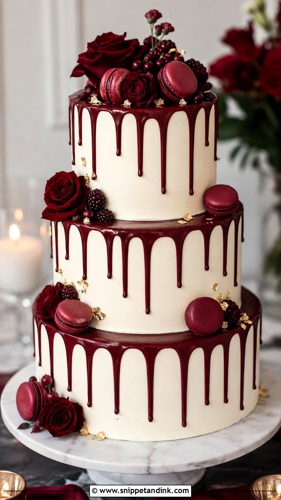 Burgundy Drip Wedding Cake - Snippet and Ink - 20 Burgundy Wedding Cake Ideas