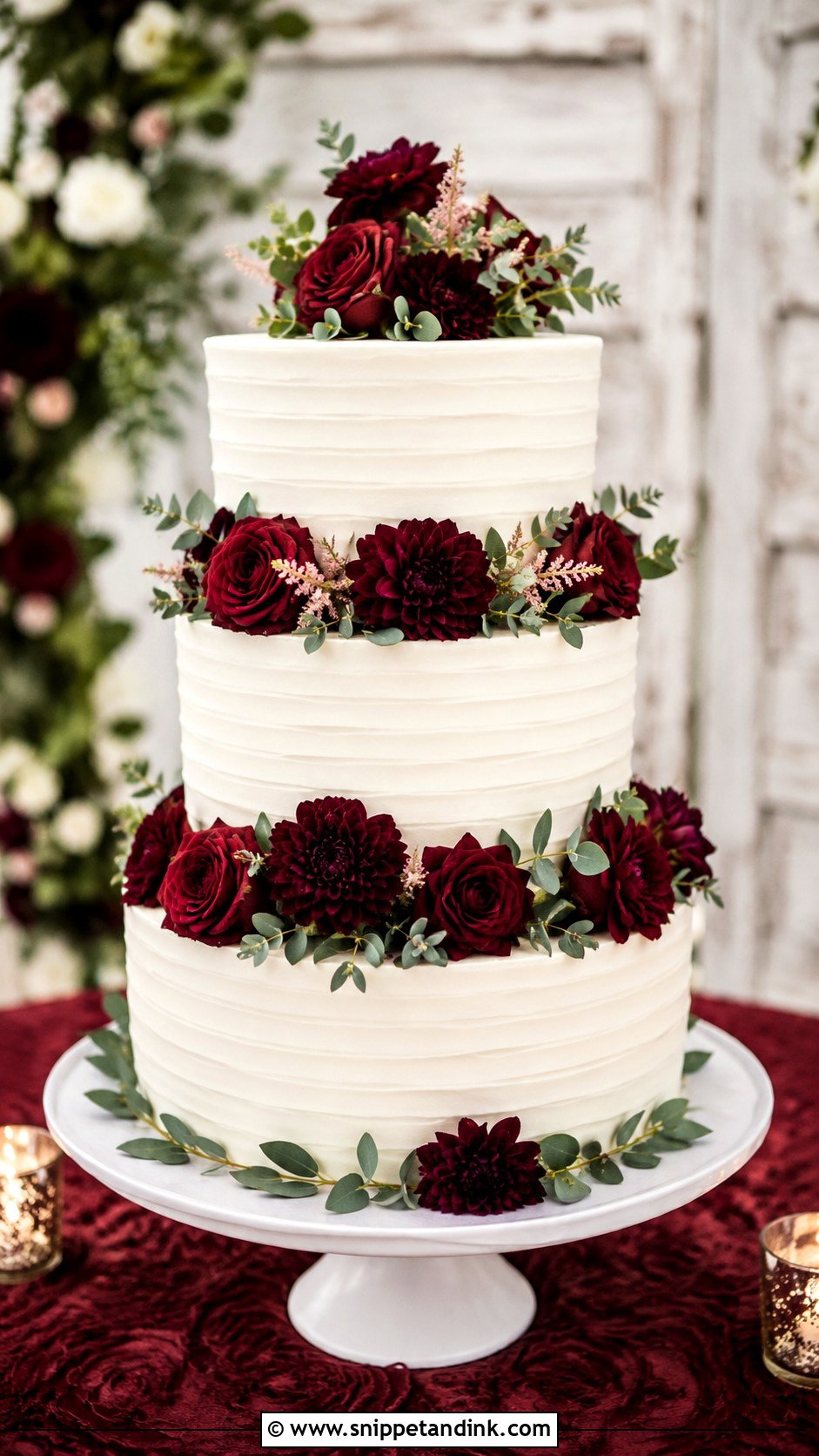 Burgundy Floral Wedding Cake - Snippet and Ink - 20 Burgundy Wedding Cake Ideas