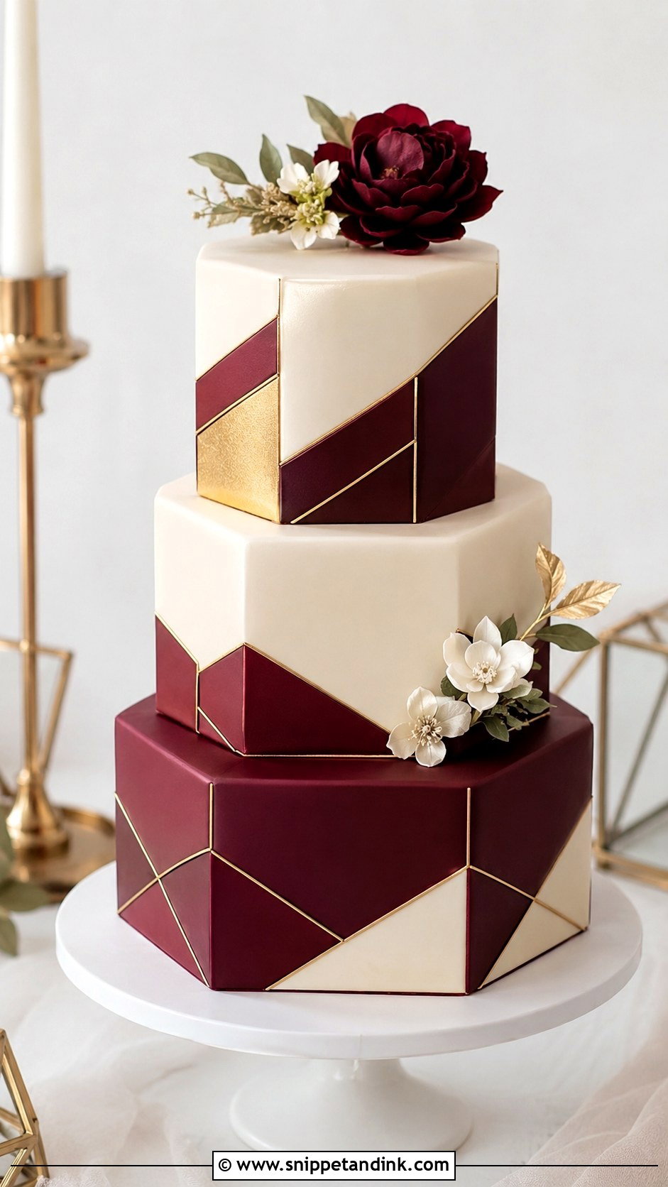 Burgundy Geometric Wedding Cake - Snippet and Ink - 20 Burgundy Wedding Cake Ideas