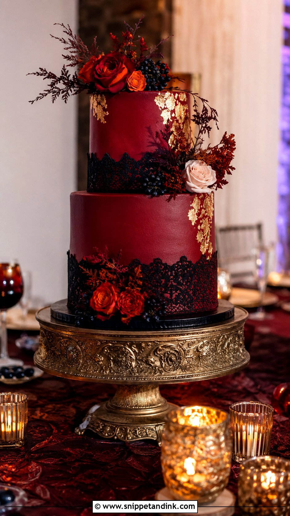 Burgundy Halloween Wedding Cake - Snippet and Ink - 25 Elegant Halloween Wedding Cake Ideas