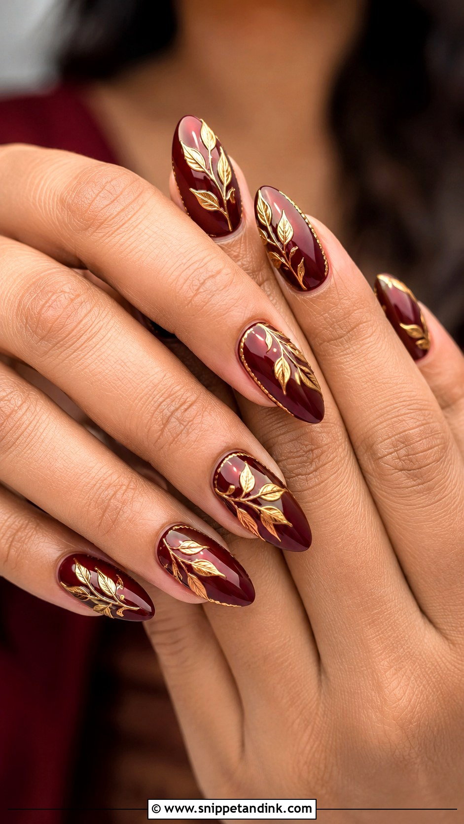 Burgundy Indian Bridal Nails With Gold Leaves - Snippet and Ink - 20 Indian Bride Wedding Nails