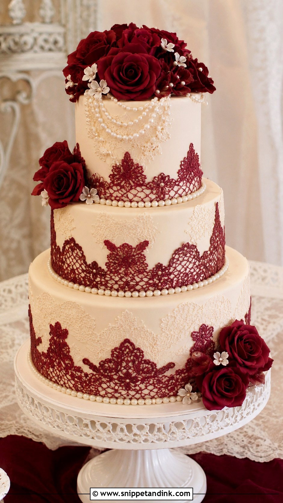 Burgundy Lace Wedding Cake - Snippet and Ink - 20 Burgundy Wedding Cake Ideas